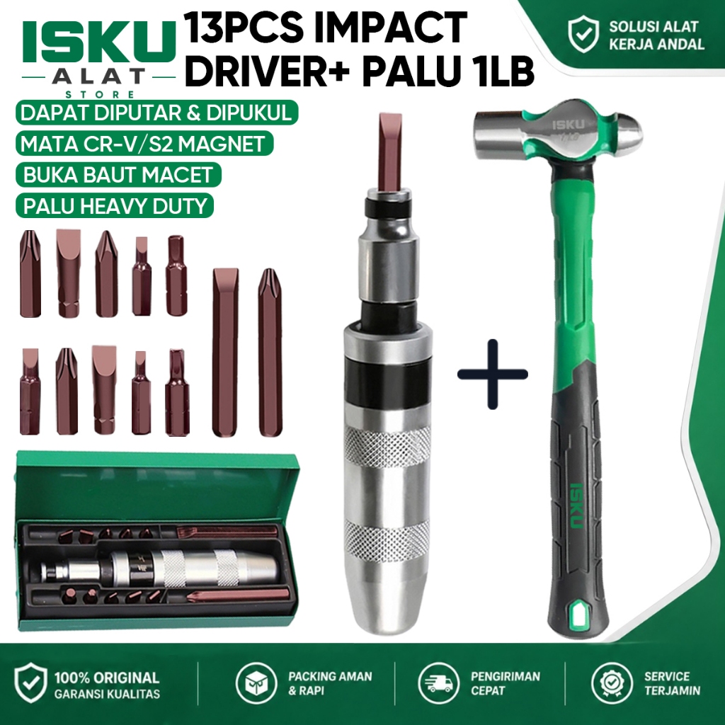 ISKU Obeng Ketok Set 13pcs + Palu Konde Fiber 1LB Heavy Duty Buka Baut Macet Bengkel Motor