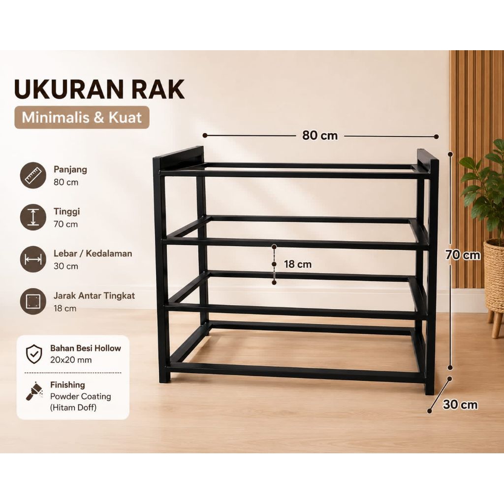 Rak Besi 4 Tingkat Minimalis - Rak sepatu, Rak Dapur, Besi Hollow Hitam Doff Anti Karat