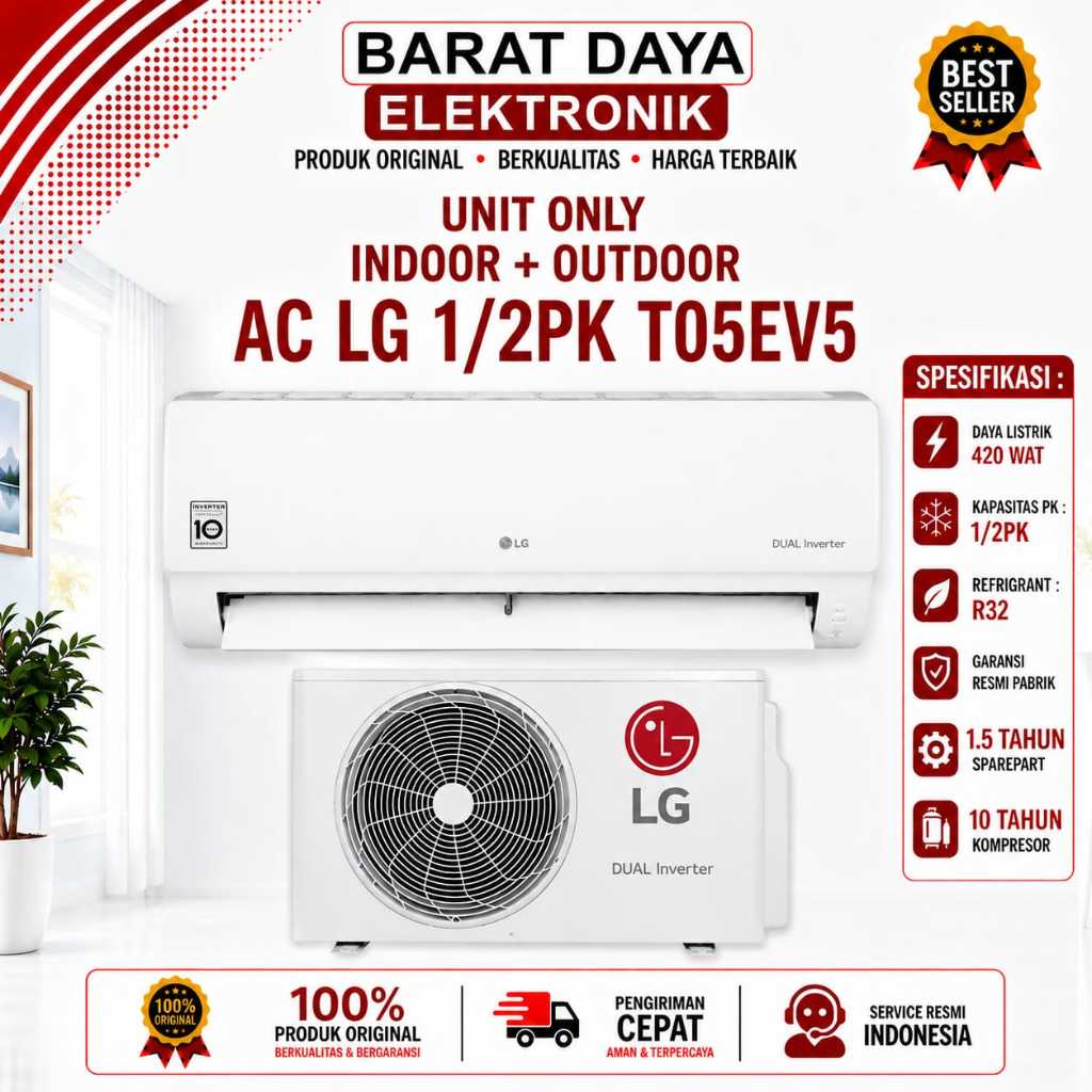 LG AC Wall Mounted Split Smart Inverter DUALCOOL 1/2 PK - T05EV5