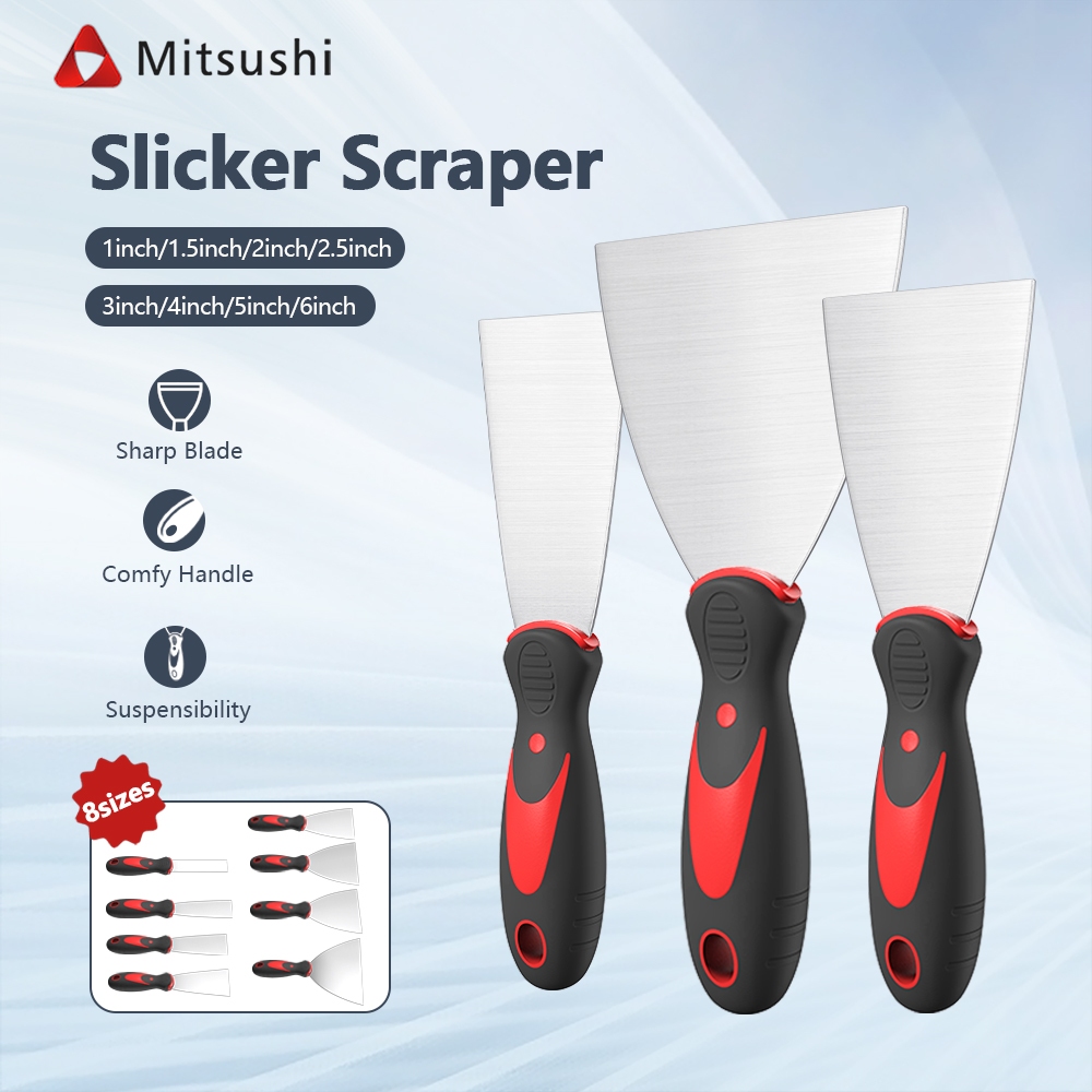 Mitsushi Kape Dempul Stainless Gagang Karet Scraper Dinding Ukuran 1 / 1.5 / 2 / 2.5 / 3 / 4 / 5 / 6