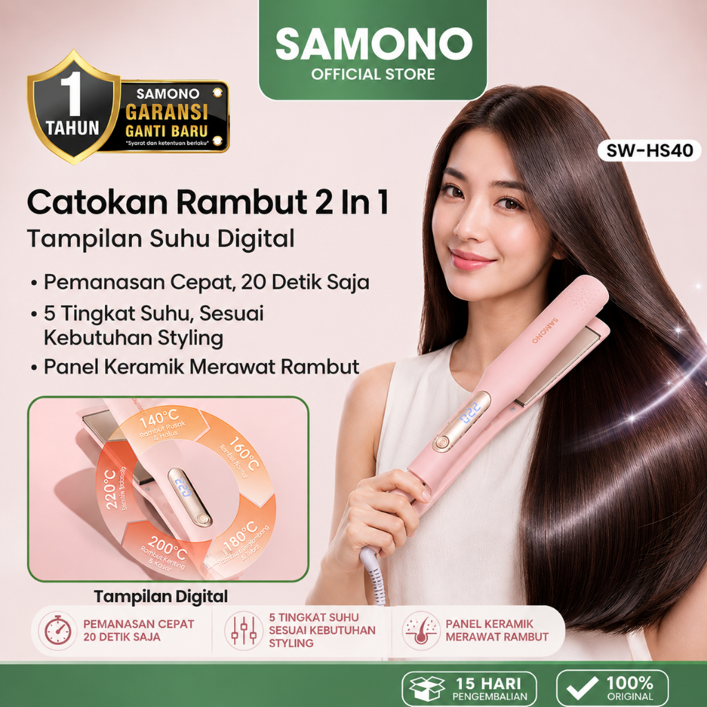 SAMONO Catokan Rambut 2in1 SW-HS40 Pelurus dan Pengeriting Rambut LED Digital Display Plat Keramik L
