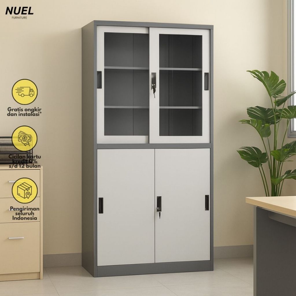 NUEL Lemari Dokumen Kabinet Sliding Kaca / 2 Pintu Kombinasi Ayun Geser