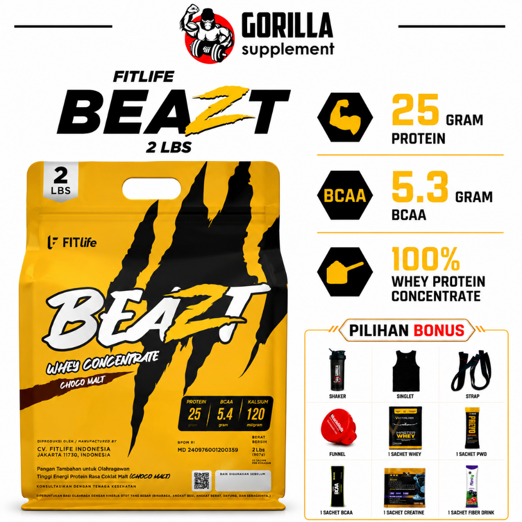 FITLIFE BEAZT Whey Concentrate 2lbs 900 Gram Susu Protein BPOM & HALAL