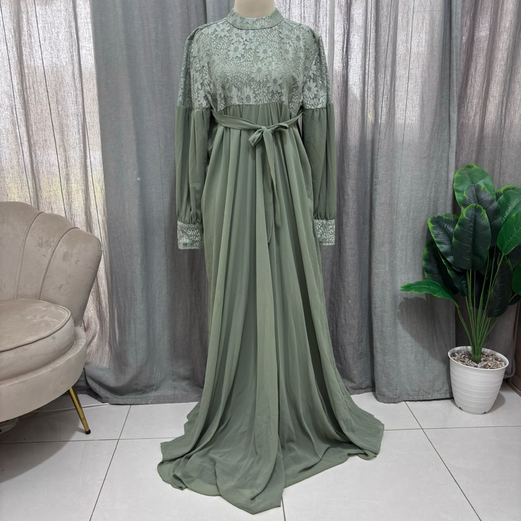[ Preloved ] Abaya Sage Green Lace & Pleated Chiffon - Mewah & Mulus