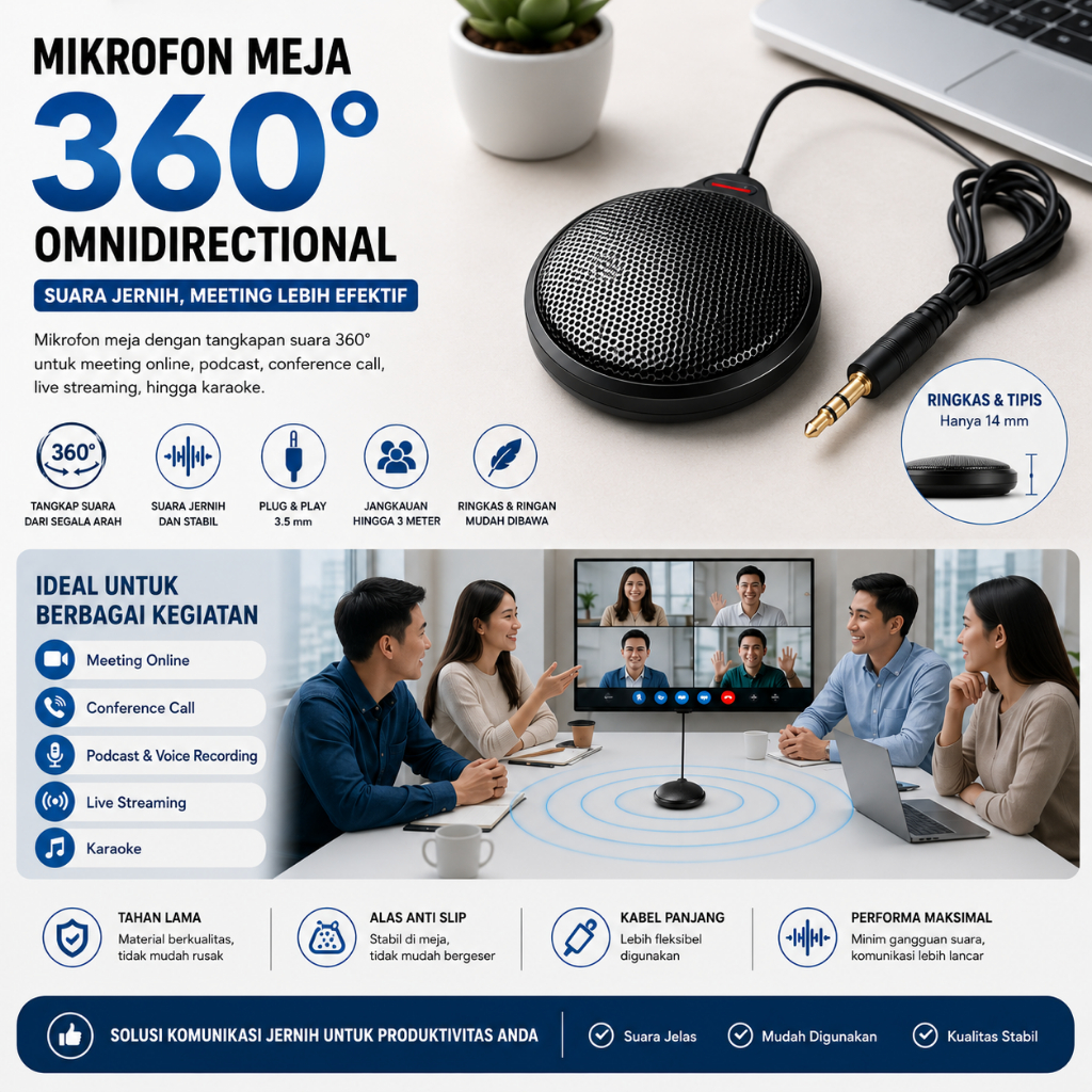 Microphone Metting Rapat 360 Derajat Conference Mic Omnidirectional 3.5mm Jack Zoom Meeting Skype Go