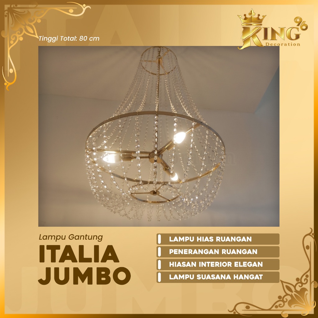 Lampu Gantung Mewah Italia Jumbo Kristal Chandelier Gold 80cm | Lampu Gantung Chandelier Italia Jumb