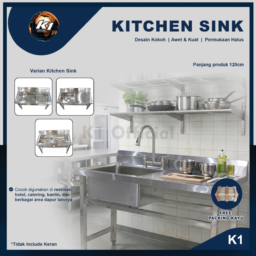 Bak Cuci Piring Kitchen Sink (INCLUDE PACKING KAYU) Stainless Steel 2 Lubang Meja Dapur 120x90cm Ant