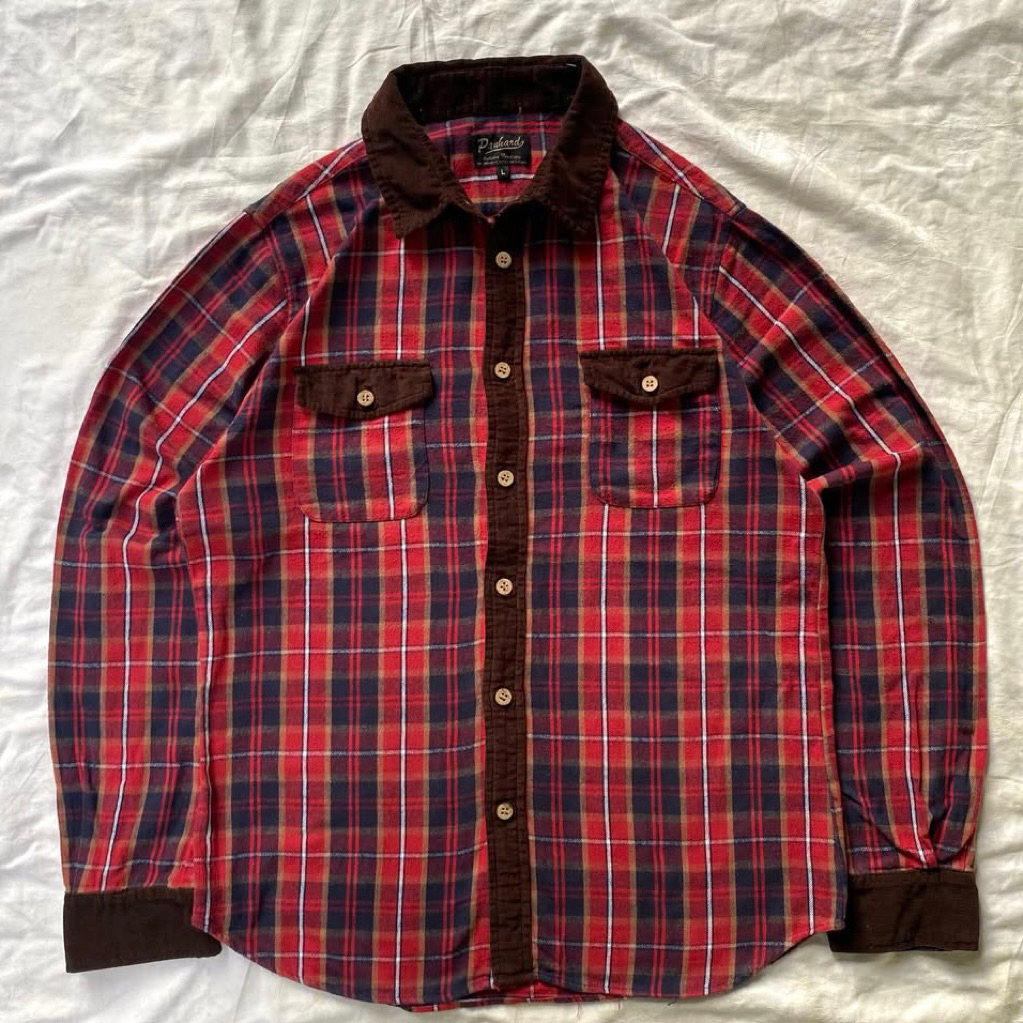 Panhard Corduroy Trim Flannel Shirt scnd prlvd original Kemeja Flannel Corduroy Brown