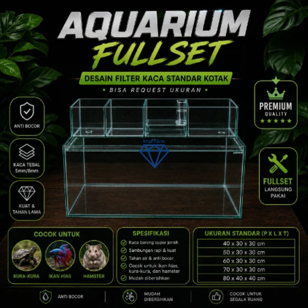 Aquarium Ikan Hias Fullset (Filter Kotak) - Aquarium Kaca With Filter - Aquarium Kaca Ikan Hias - Fi