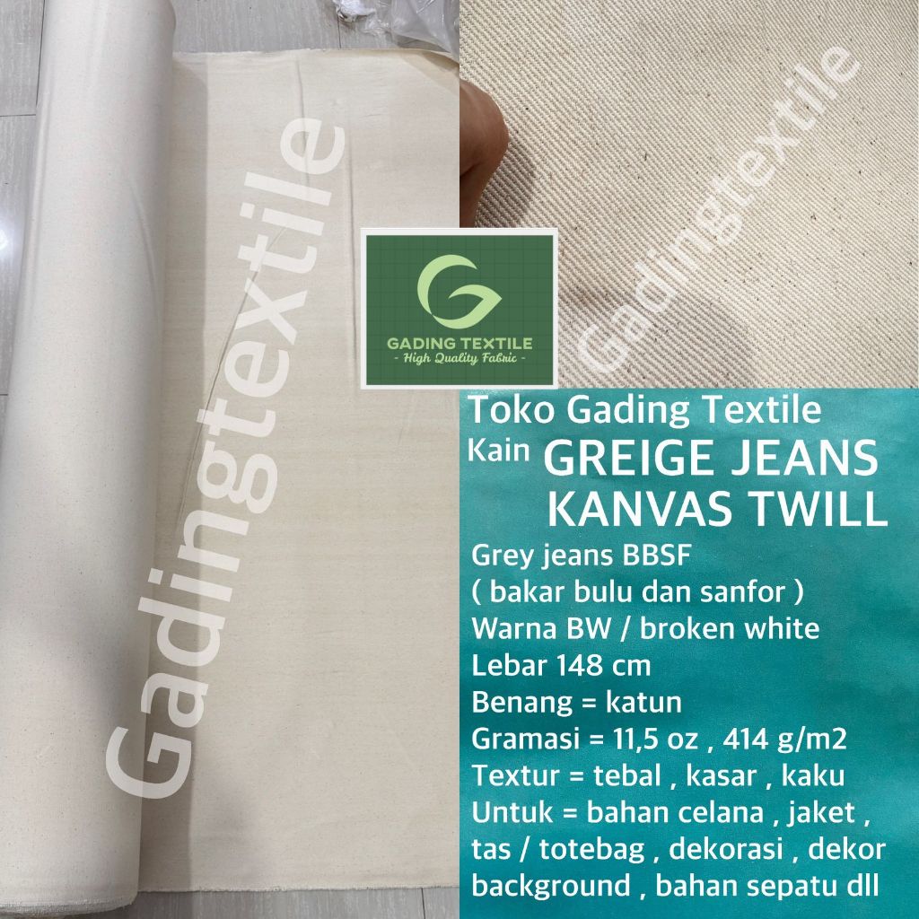 ( per setengah meter ) kain greige grey jeans jean kanvas canvas twill 11,5 oz BBSF katun non strech