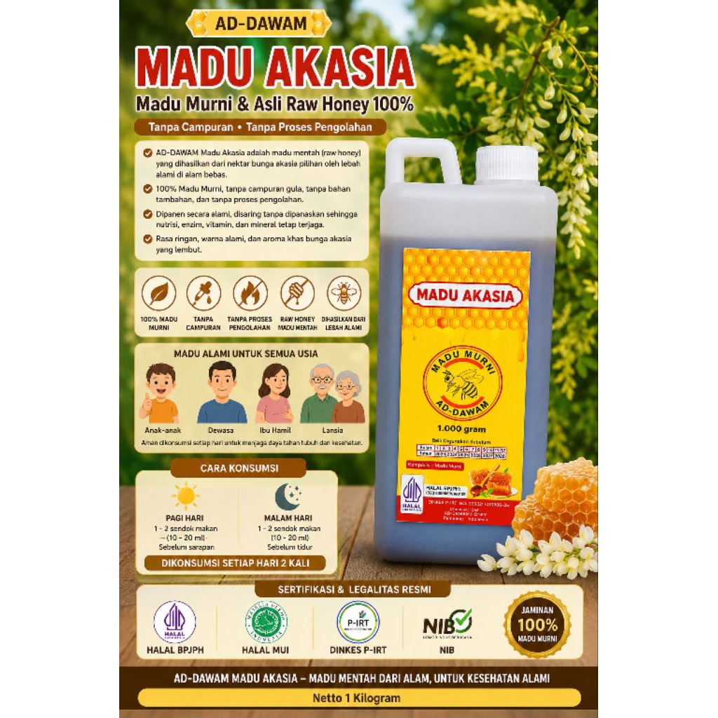 Madu Hutan Akasia 1 kg Madu murni madu asli terjamin bersertifikat halal BPJH,BPOM PIRT,ber NIB | Ad