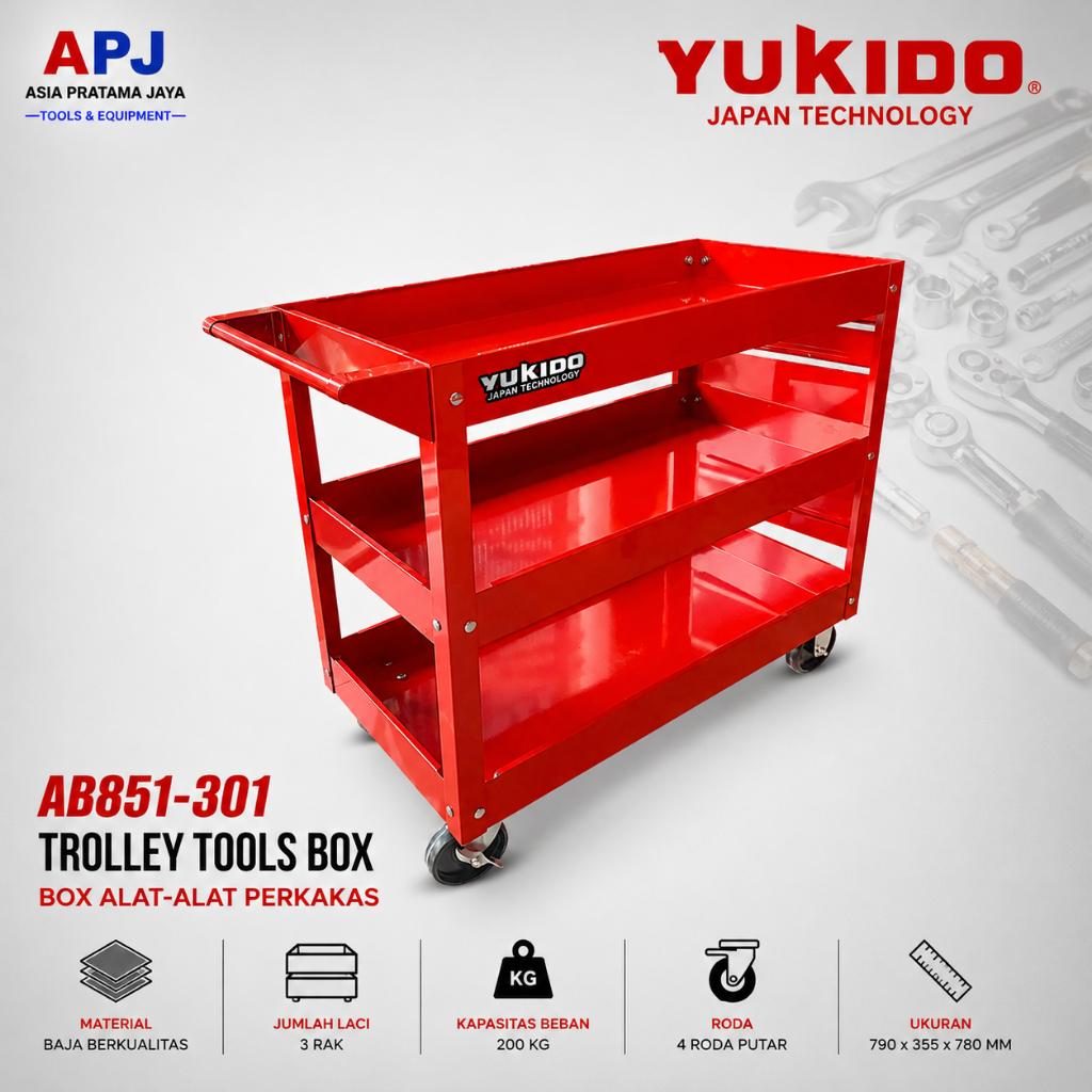 YUKIDO Rak Troli Bengkel 3 Susun Tool Cart Heavy Duty Rak Dorong Perkakas Service Mobil Motor Detail