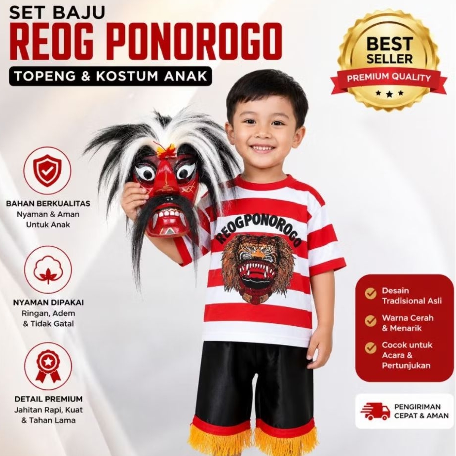Stelan Baju Reog Ponorogo Anak + Topeng Bujang Ganong Gong (Gonong) | Kostum Reog Lengkap