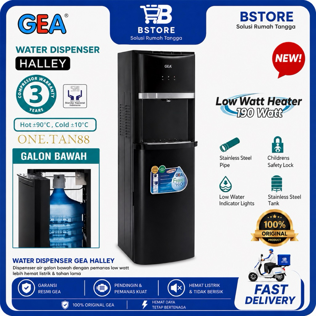 Dispenser GEA Halley Galon Bawah Low Watt 190W Air Panas Dingin Original