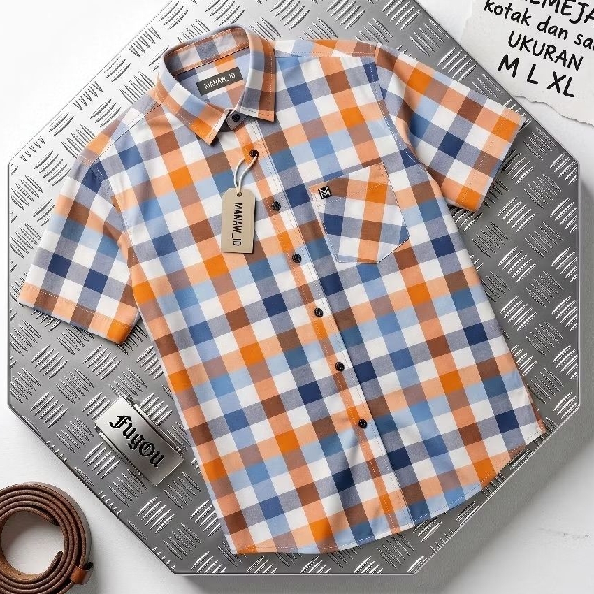 kemeja pria tangan pendek casual, kemeja motif kotak pria, kemeja salur pria modern, hem pendek pria