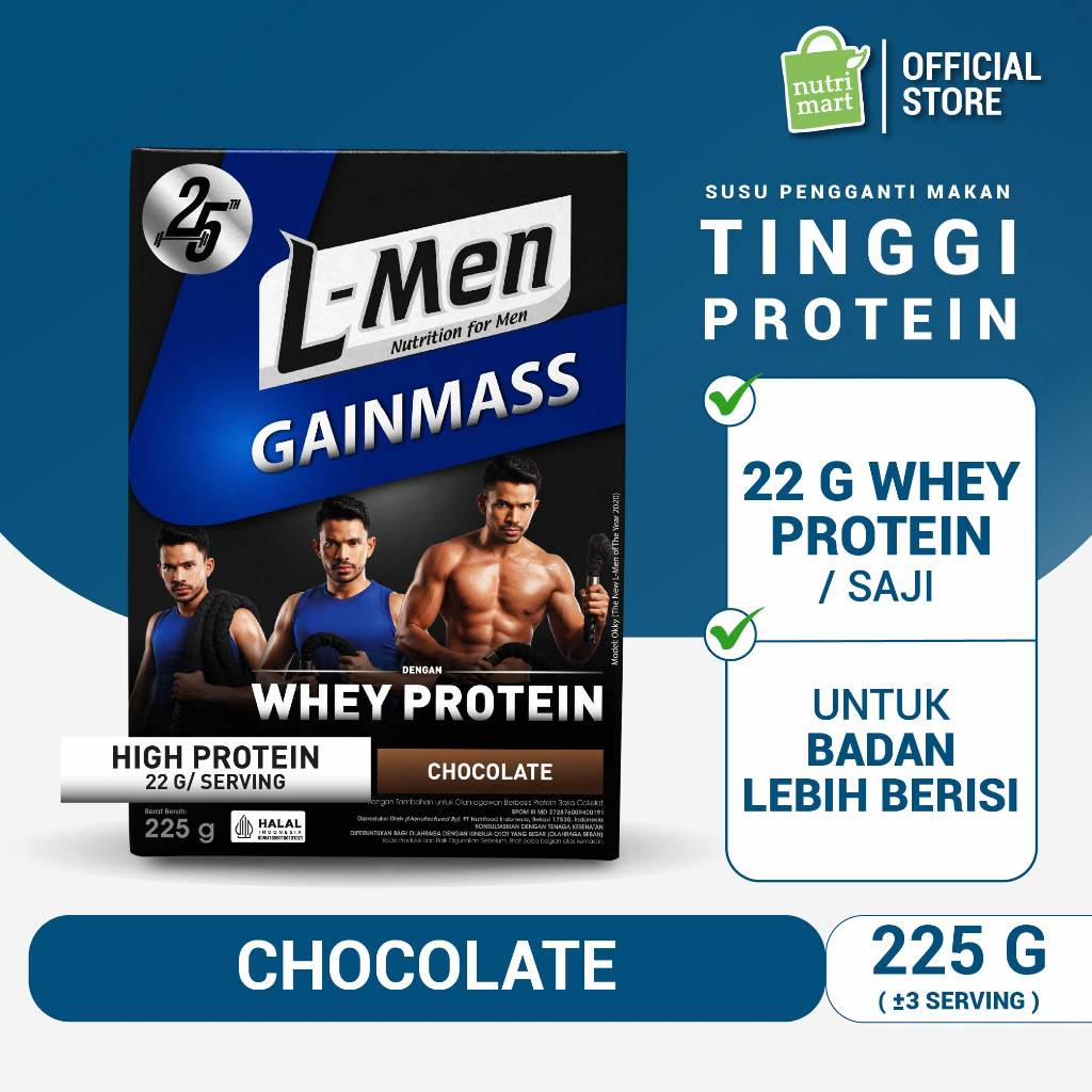 L-Men Gain Mass Chocolate 225g - Improved Formula 22g Protein/Serving - 3-4 Serving - Dilengkapi BCA