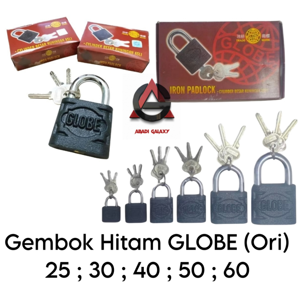 Gembok Hitam Globe  / Gembok Globe hitam Ukuran 30 ; 40 ; 50 ; 60 mm