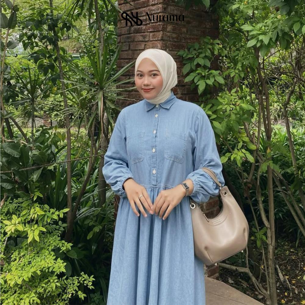 Zoya Dress Baju Gamis Babydoll Dua Saku Dress Casual Bahan Denim Lengan Karet - C57K DENIM