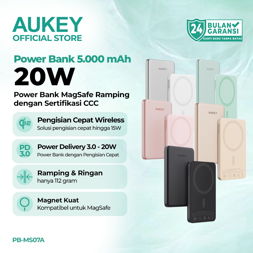 AUKEY Powerbank Magsafe Qi2 5000mAh CCC Wireless 15W Slim Magnetic Powerbank iPhone PB-MS07 PB-MS08