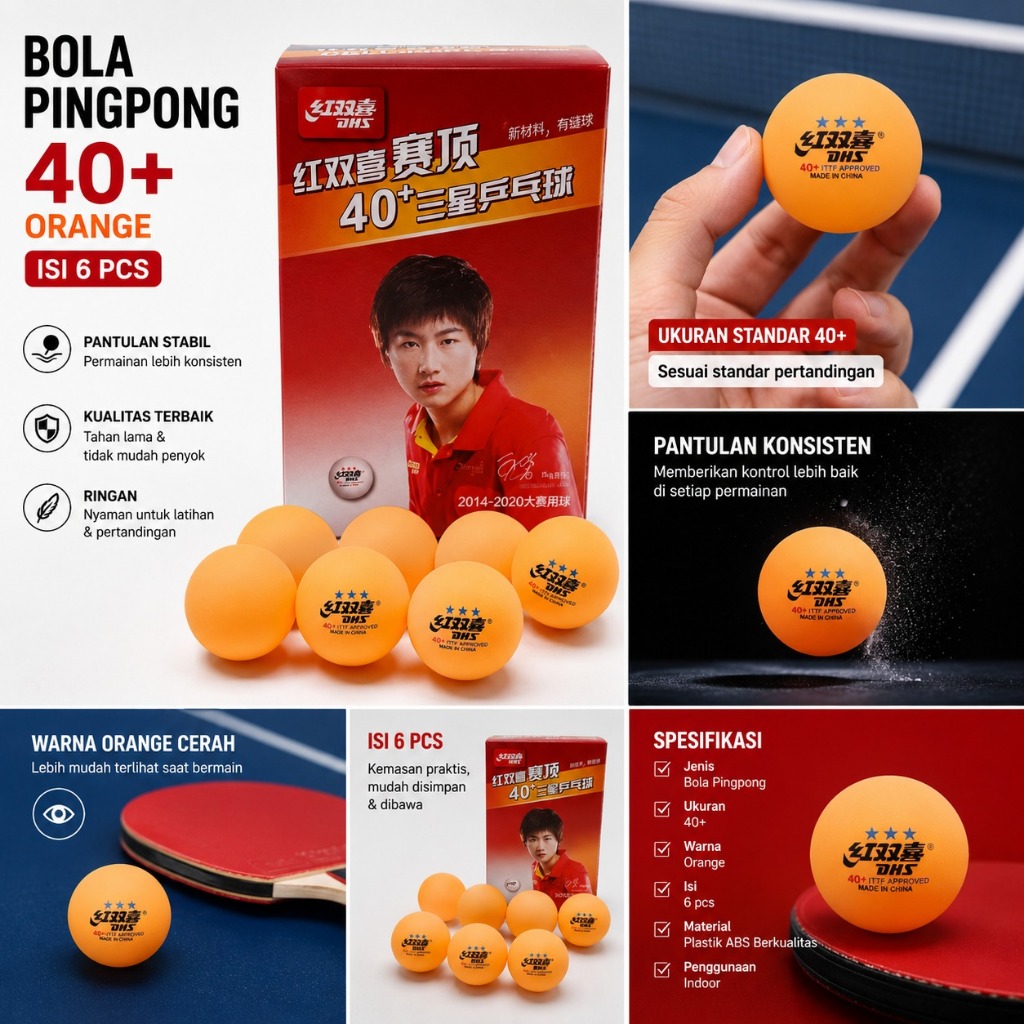 Bola Pingpong DHS 40+ Isi 6 Bola New Packaging Orange