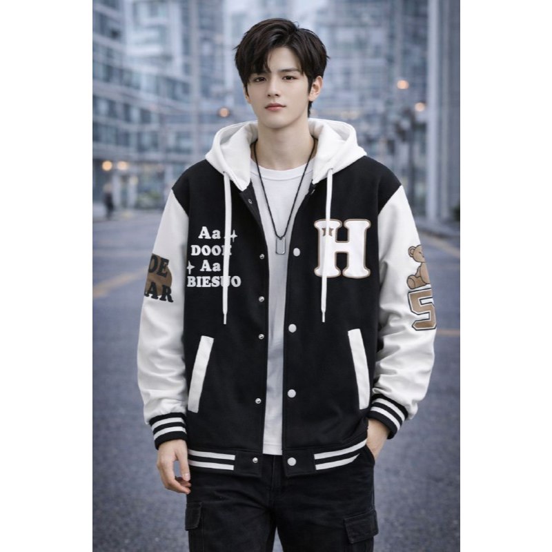 H 54 Bear Jaket Baseball Pria Wanita Korea Style Jaket Cowok Baseball Varsity Katun Fleece Tebal