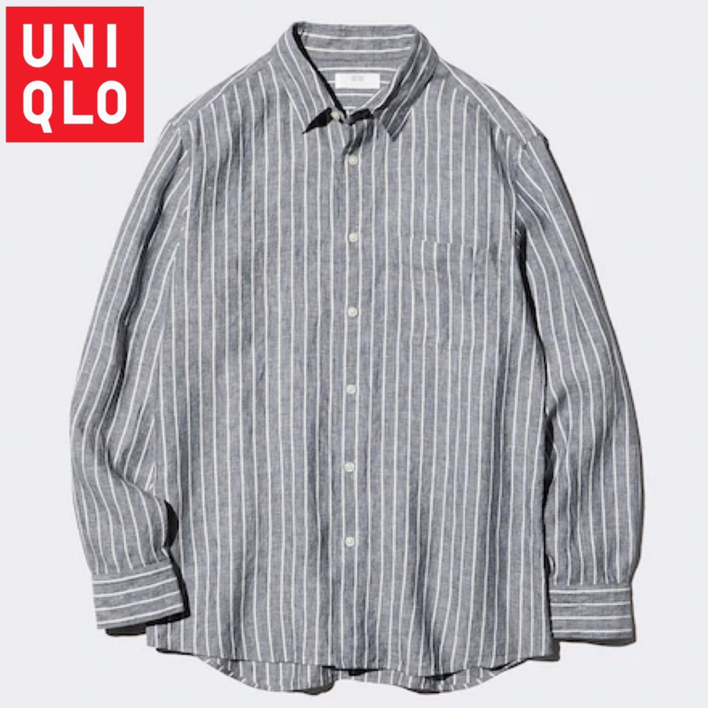 UNIQLO Men Shirt Kemeja Premium Katun Linen Garis Pria Lengan Panjang