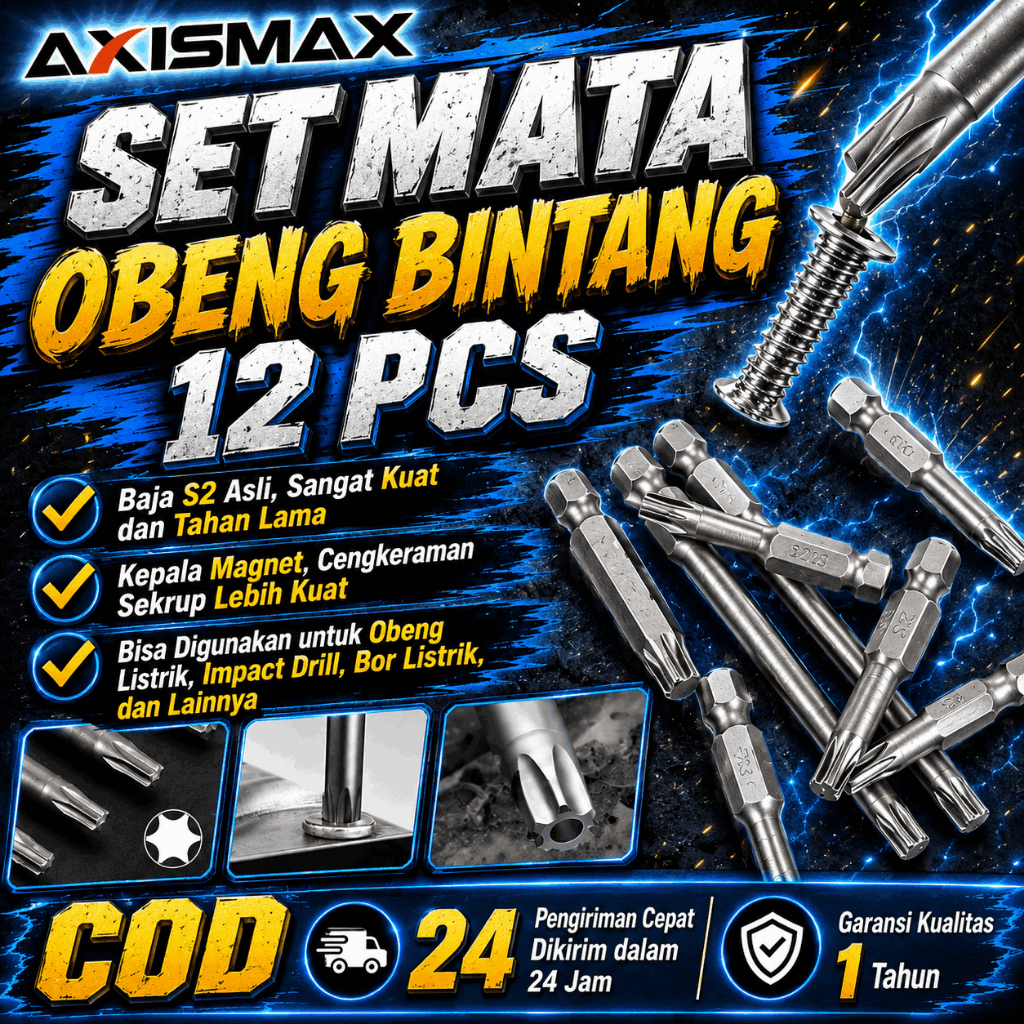 MATA OBENG BINTANG SET 12PCS OBENG TORX SET BAJA S2 PANJANG 50MM