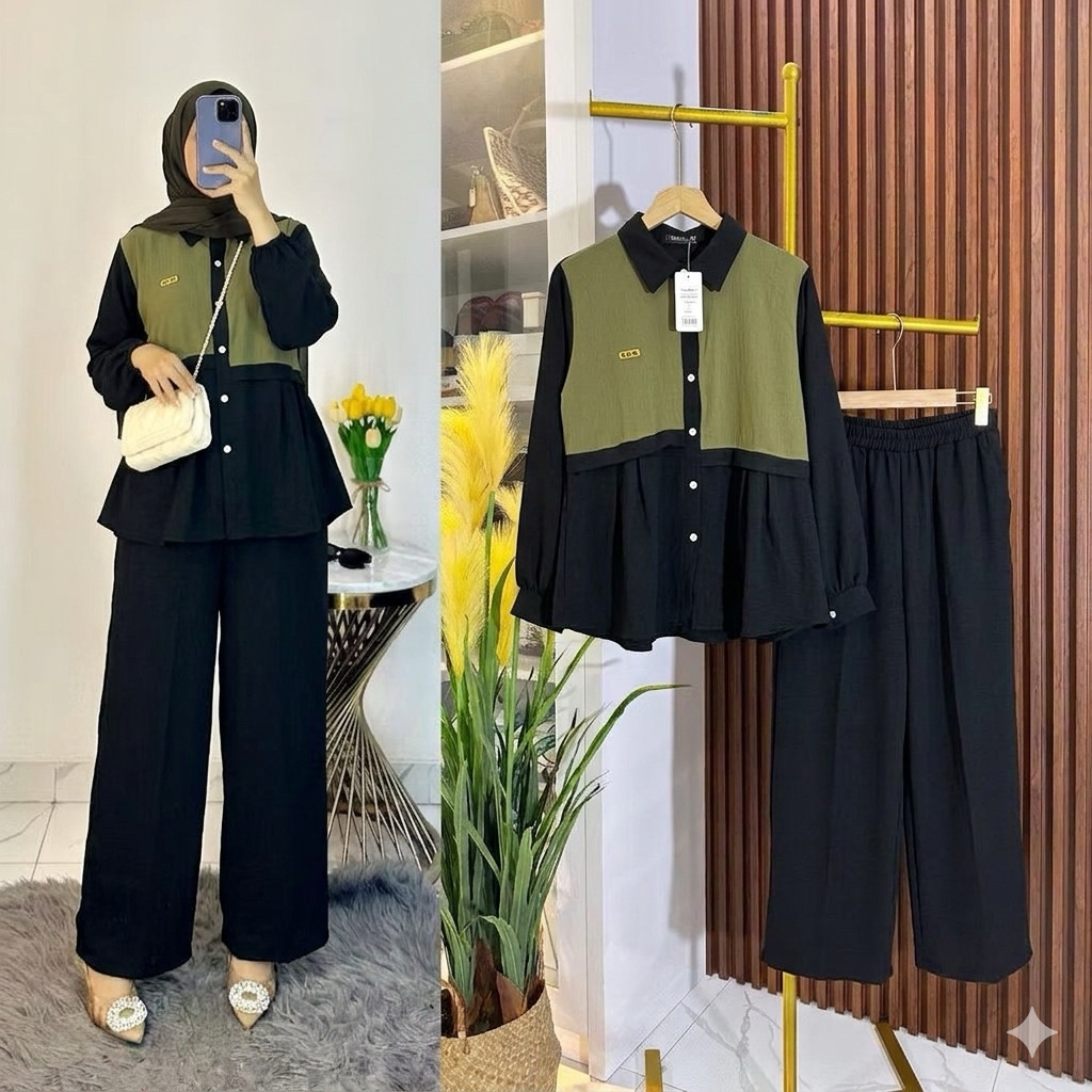 Oneset crinkle pocket | setelan celana | one set kemeja crinkle | setcel | kemeja | setelan kemeja