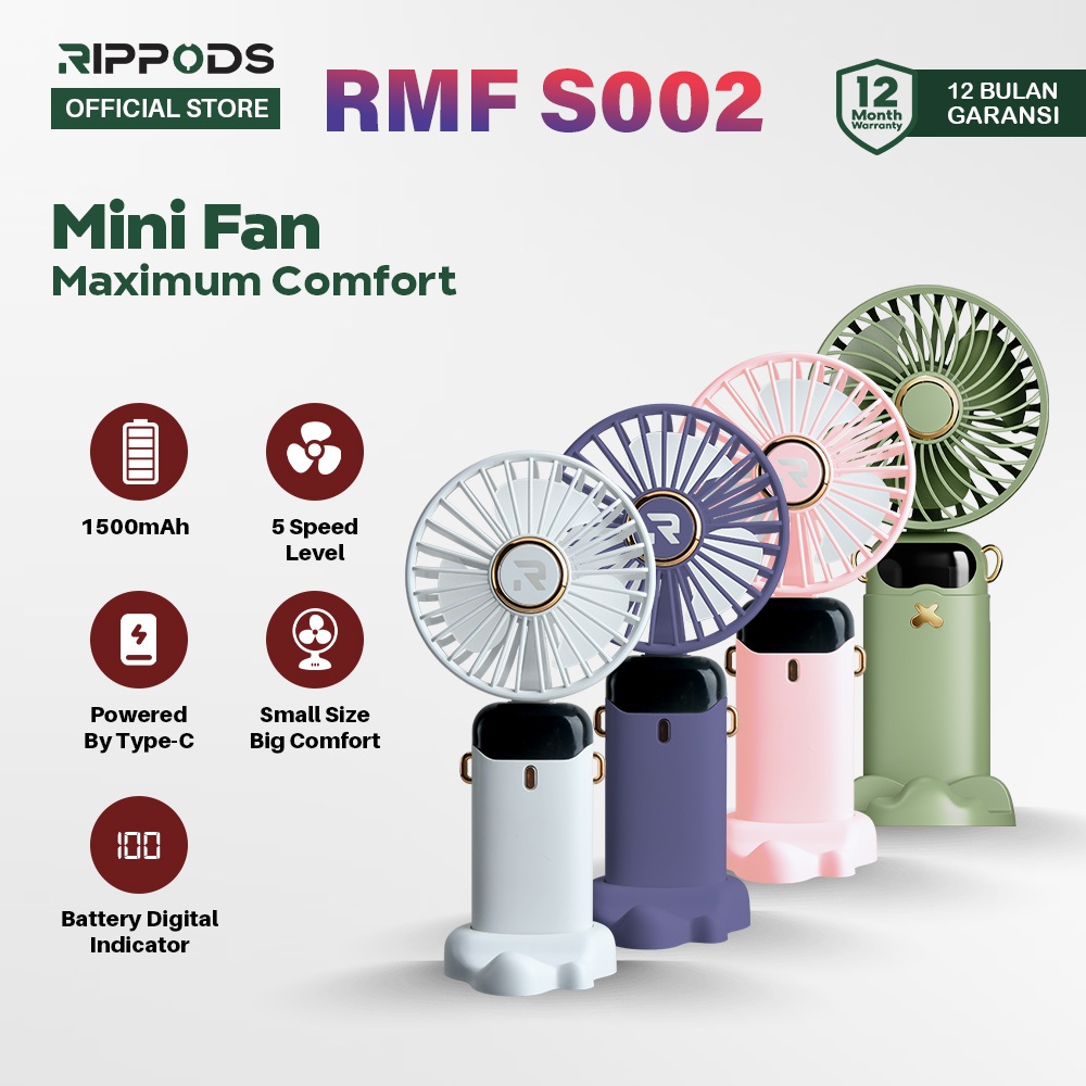 RIPPLE S002 Kipas Angin Mini Portable Usb 15000 mAh Kipas Lipat Leher 5-Speed Wind LED Display
