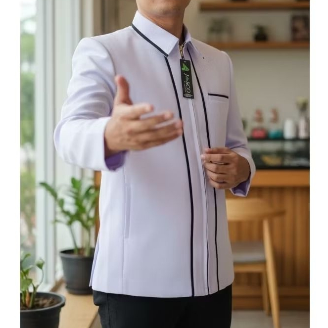 Jasket pria dewasa putih,Jasket seragaman,Jasket guru,jasket Santri.Jasket santai.Jasket formal