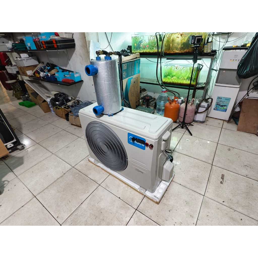 water chiller 2pk dengan outdoor ac sharp untuk kolam ikan mesin