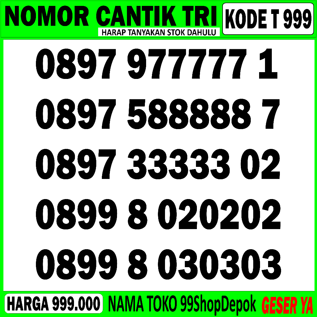 Nomor Cantik TRI 12 DIGIT - Nomor Cantik THREE 88888 99999 77777 Kartu Perdana 3 11 DIGIT 00000 6666