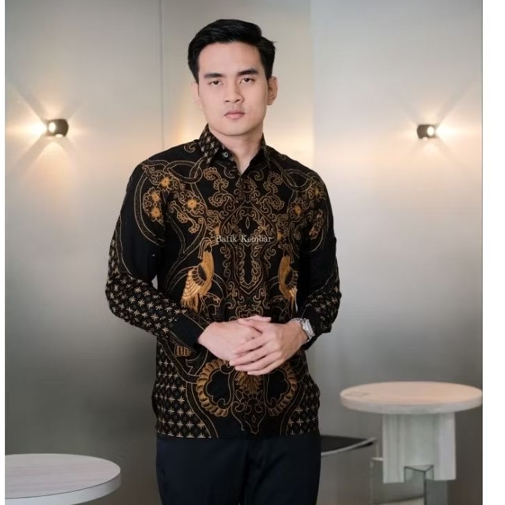 MOTIF KENARI HITAM Reguler fit Baju Batik Pria Lengan Panjang Kain Katun Premium Lapisan Furing Baju