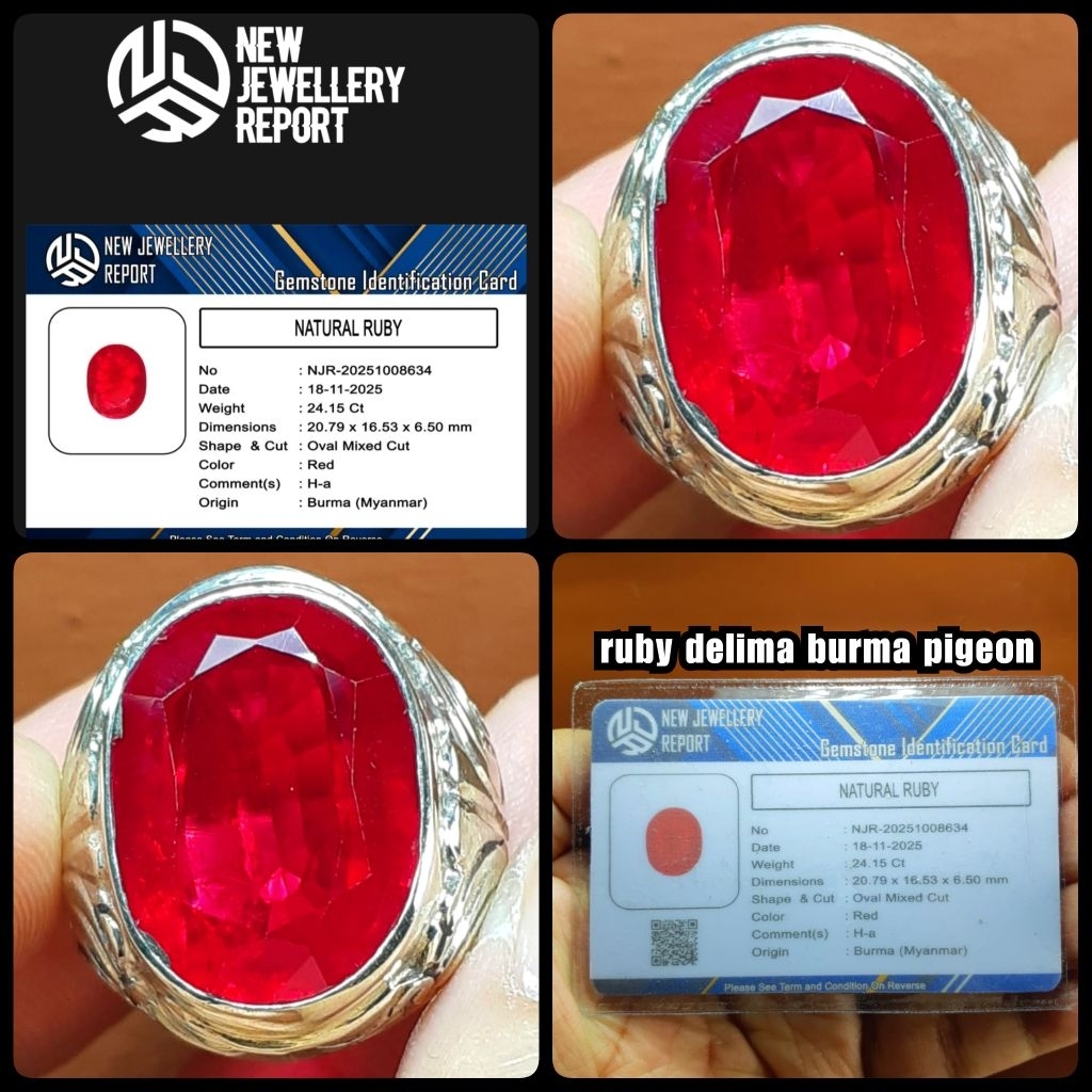 original cincin permata ruby burma jumbo kristal + ring perak