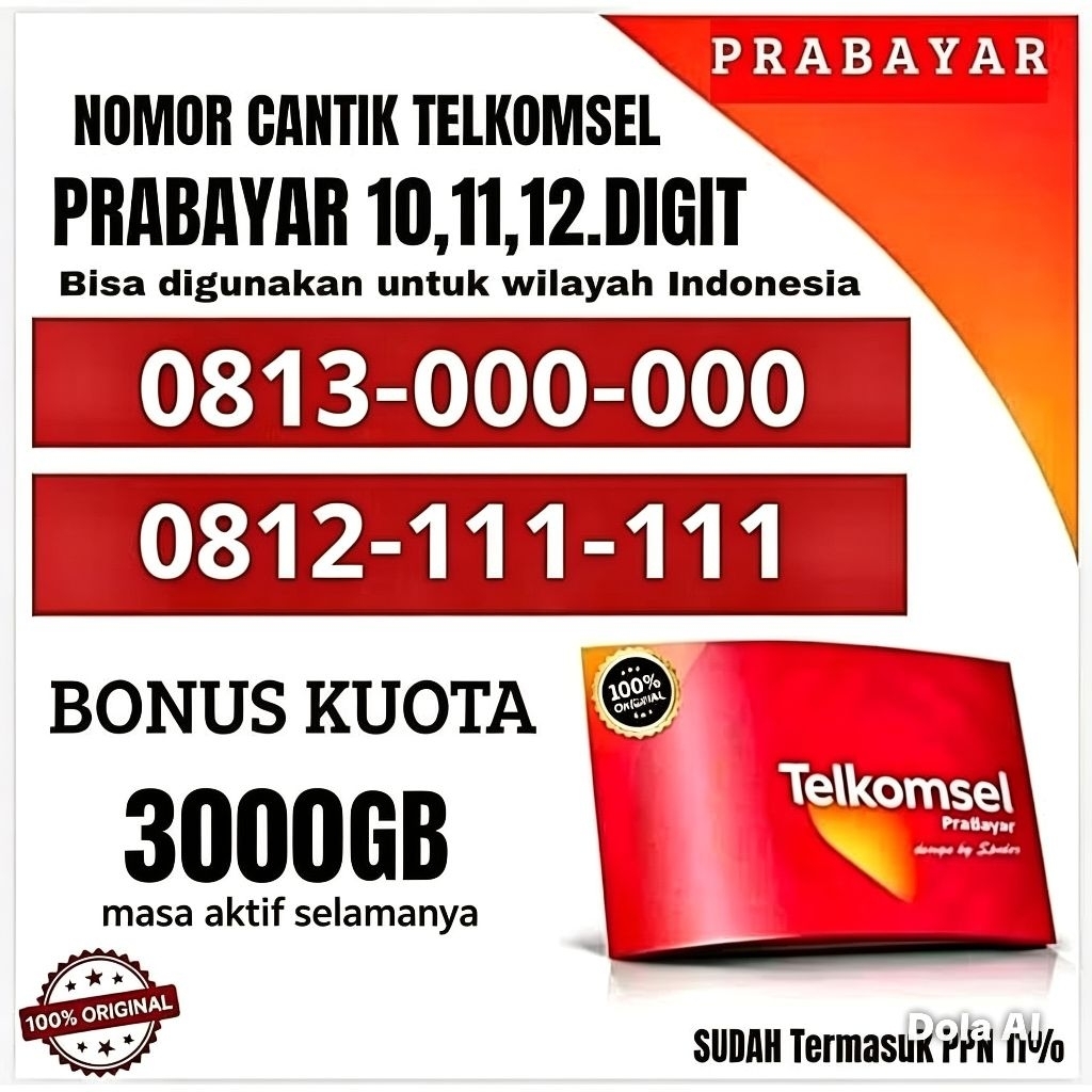 KARTU PERDANA CANTIK TELKOMSEL/SIMPATI 10-12 DIGIT BONUS KUOTA 3000GB AKTIF SELAMANYA