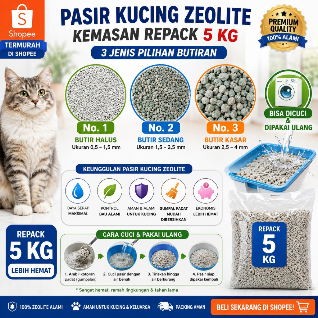 Repack 5 kg - Pasir Zeolite Untuk Pup Kucing Bisa dicuci dan dipakai ulang