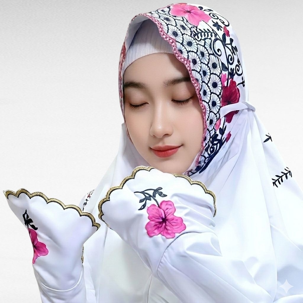 Mukena Terusan Bordir Bunga Sepatu | Katun Mikro Premium | Elegan & Mewah untuk Ibadah