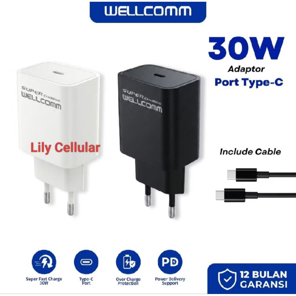 Charger Single Port USB-C Wellcomm 30W + Kabel data Type-C to Type-C