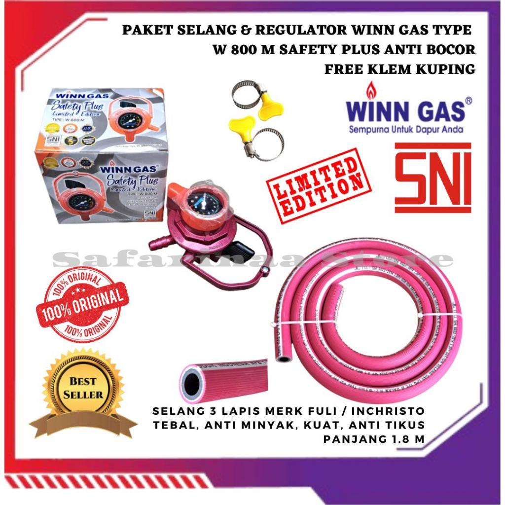 REGULATOR ANTI BOCOR KOMPOR GAS LPG WINN GAS W 800 M SAFETY PLUS  SET SELANG PINK TEBAL 500 PSI