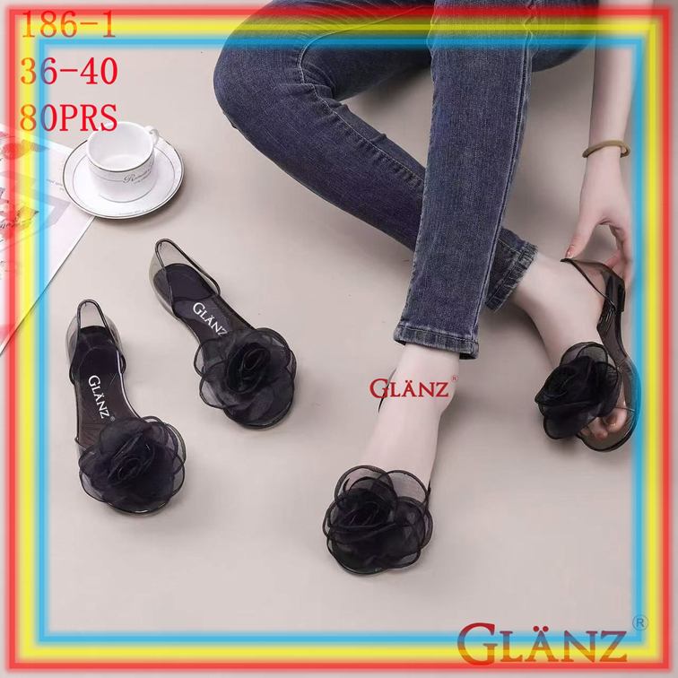 186-1 Sepatu Sandal Kaca Wanita Motif Bunga Jelly Bening Glanz Sepatu Cewek Lentur Elegant Glanzton