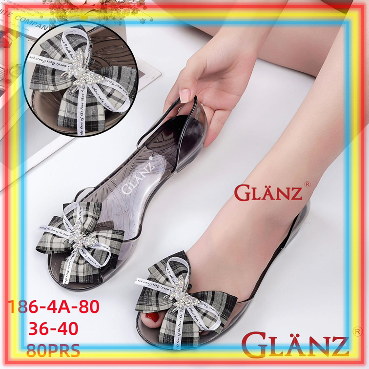 186-4 Sepatu Sandal Kaca Wanita Motif Pita Jelly Bening Glanz Sepatu Cewek Lentur Elegant Glanzton