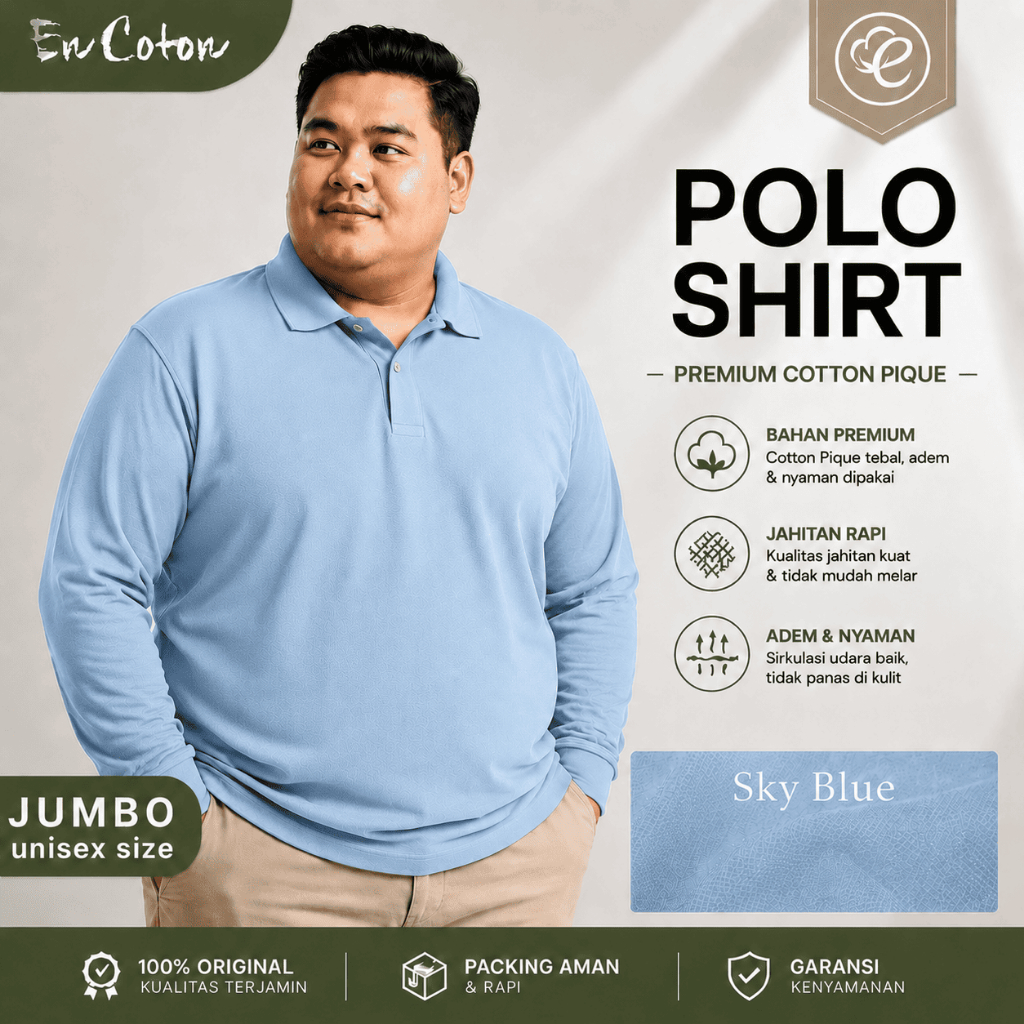Kaos Kerah Polo Jumbo Oversize Big Size SKY BLUE BIRU MUDA BIRU LANGIT Premium Tangan Lengan Panjang