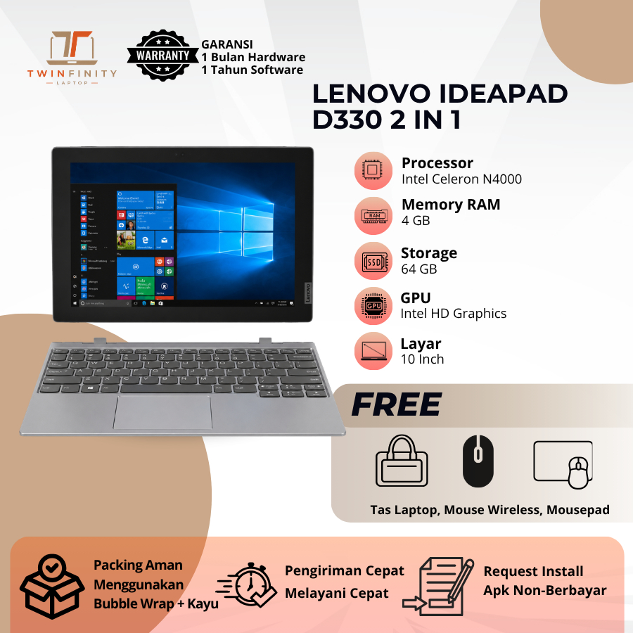 [FREE MOUSE WIRELESS & TAS LAPTOP] Lenovo Ideapad D330 Touchscreen Intel Celeron N4000 RAM 4GB SSD 6