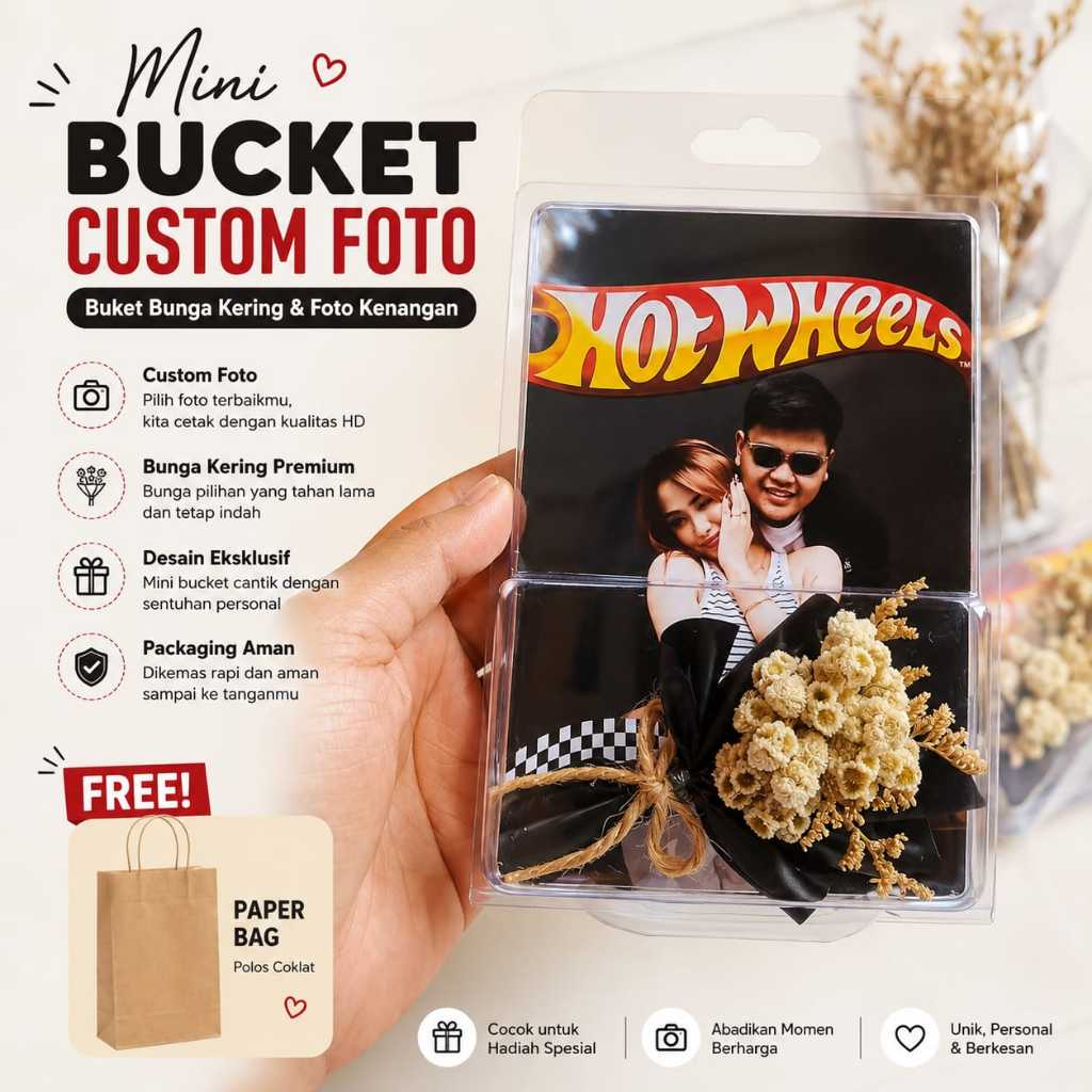 Hotwheels Card Custom + Bunga Bucket Edelweiss Mini Gratis Paper Bag Desain HD Pack Aman