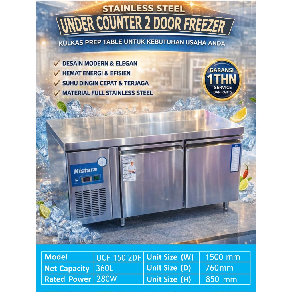 Under Counter  Freezer 2 Door Panjang 150  ( fan Cooling )  ,Kulkas Dapur , Kulkas catering ,Kulkas 