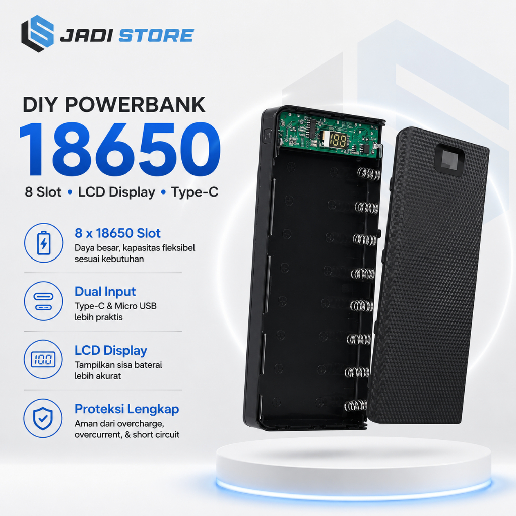 Casing Powerbank 18650 DIY Modul Powerbank Type C LCD 2A Casing Powerbank 8 Port Input Type C Micro 