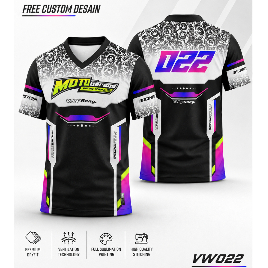 JERSEY MOTO GARAGE CUSTOM POLO KERAH KANCING V-NECK, KAOS RACING SATUAN, BAHAN PREMIUM  FULLPRINT VW