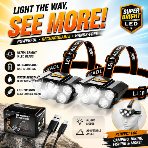 Senter Kepala 40 Watt L-T21 5 Led Rechargerable 4 Mode Cahaya Lampu Senter 50Watt