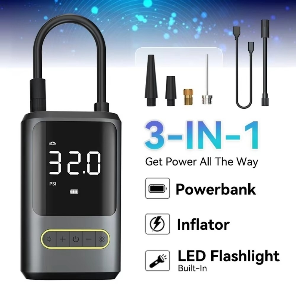 3in1 Pompa Ban Portable Kompresor Angin Mobil Motor Sepeda Elektrik Digital Wireless Inflator Mini Powerbank Senter LED Alat Isi Angin Ban Otomatis Emergency Car Air Pump Tire Inflator Multifungsi PowerBank Aksesoris Mobil Motor Pompa Bola ATJ-8466
