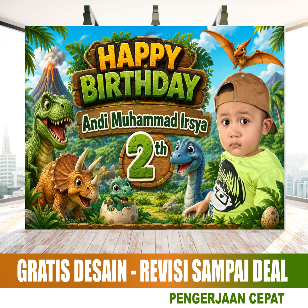 Banner Ulang Tahun Tema  Dinosaurus -  Custom Nama Foto | Backdrop Ultah